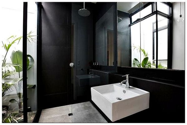 Ванная комната черного цвета с живыми растениями.