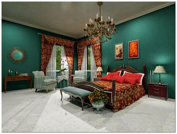 белый ковролин на полу в зеленой спальне