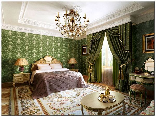 интерьер зеленой спальни в классическом стиле