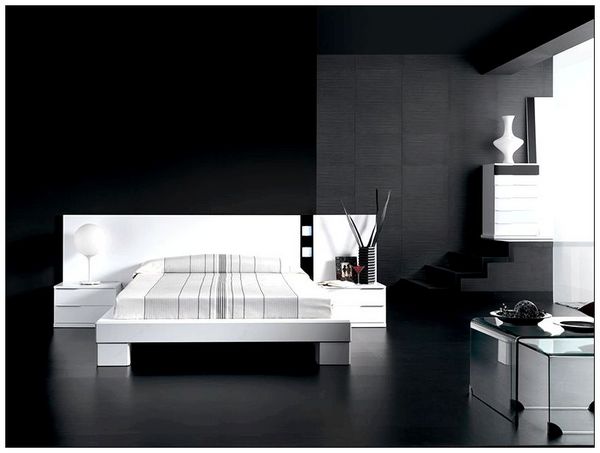 большая черная спальня с белой мебелью