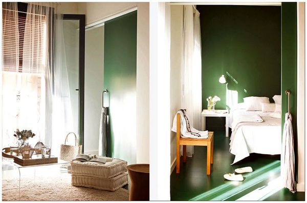 спальня с зелеными стенами