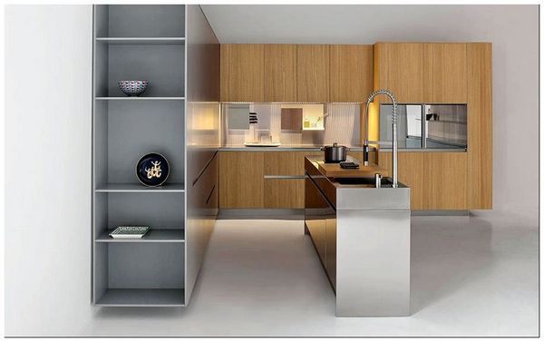 Sleek-kitchen-island-in-stainless-steel-with-shelves-and-cabinets-in-wood